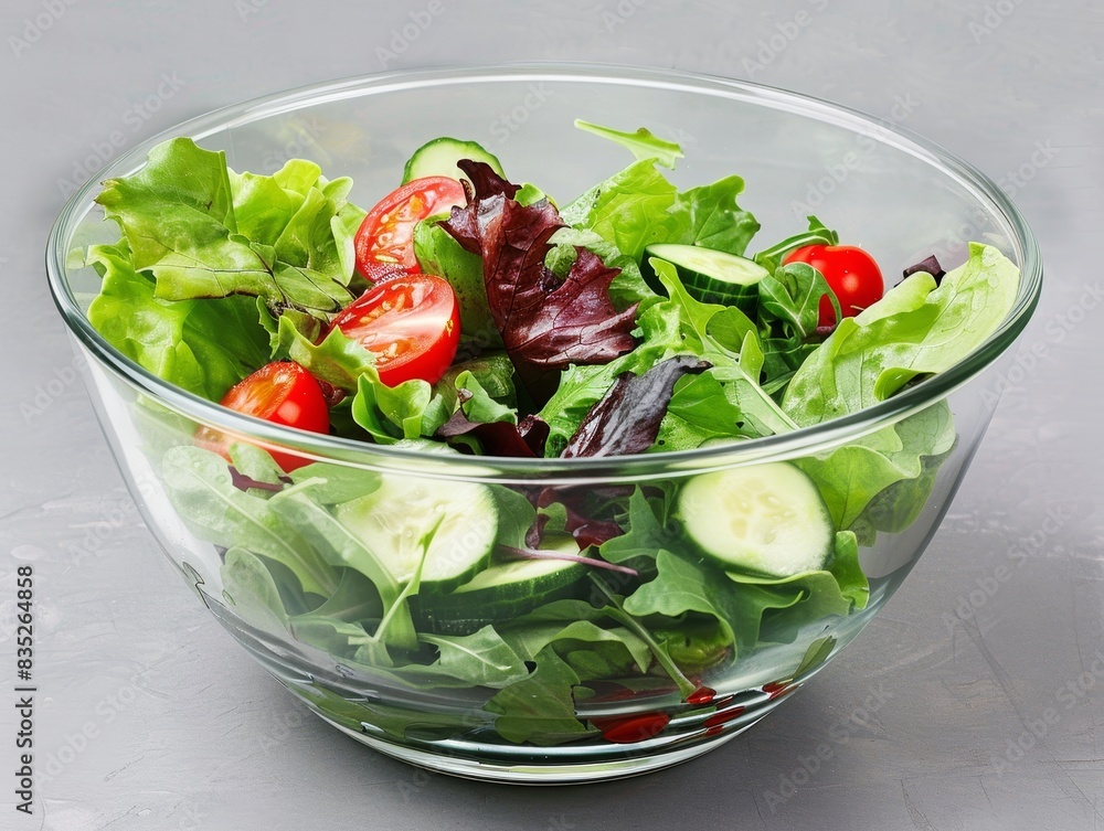 A fresh salad with mixed greens, tomatoes, and cucumbers in a glass bowl, with copy space above A fresh salad with mixed greens, tomatoes, and cucumbers in a glass bowl, with copy space above
