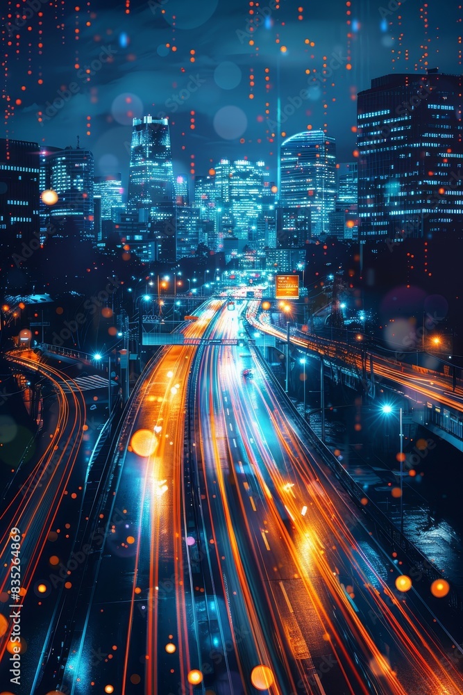 Modern Technology Concept: Smart city with speed line glowing light trail surround the city Modern Technology Concept: Smart city with speed line glowing light trail surround the city
