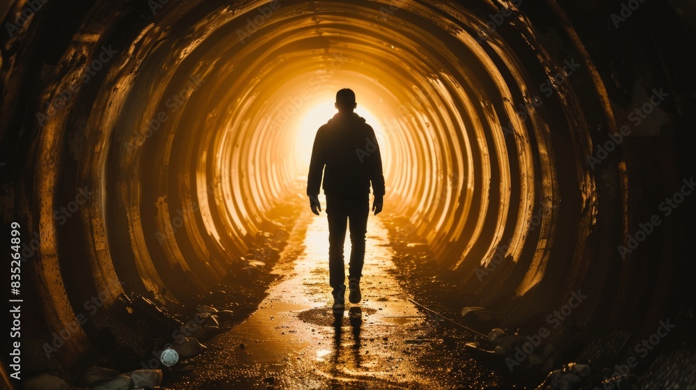 custom made wallpaper toronto digitalSilhouette of a man walking towards light in a tunnel. Person in a dark corridor illuminated by a bright glow. Journey, mystery, exploration, dramatic light concept. Light at the end of the tunnel