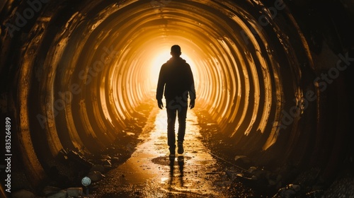 Silhouette of a man walking towards light in a tunnel. Person in a dark corridor illuminated by a bright glow. Journey  mystery  exploration  dramatic light concept. Light at the end of the tunnel