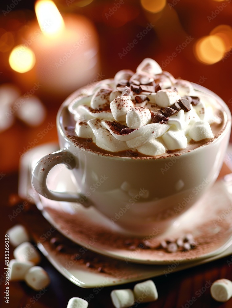 A cup of hot chocolate with whipped cream and marshmallows, with copy space on the top and bottom A cup of hot chocolate with whipped cream and marshmallows, with copy space on the top and bottom