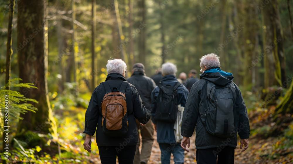 Senior Hikers with Backpacks Walking Together in a Lush Forest Senior Hikers with Backpacks Walking Together in a Lush Forest