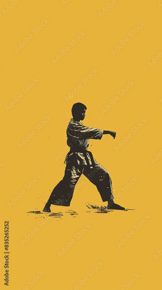 Martial Artist Performing Karate Move On Yellow Background Martial Artist Performing Karate Move On Yellow Background
