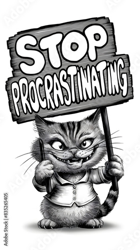 Halt Procrastination - Cartoon Cat and Sign.
