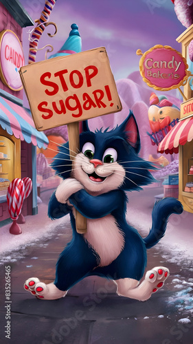 Purrfect Reminder. Cut the Sugar - Cartoon Cat and a Sign