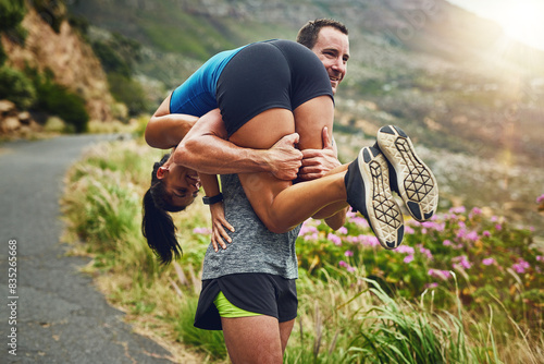 Bilde på lerret Carry, exercise and runner couple in nature for marathon training, cardio workout or physical challenge