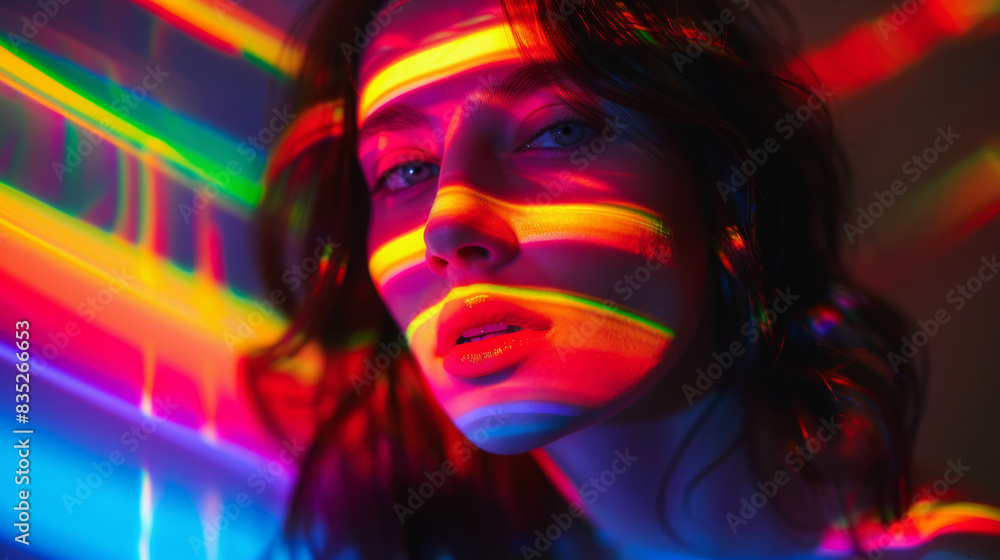 Woman with neon light stripes on face, futuristic portrait. Artistic and conceptual lighting concept Woman with neon light stripes on face, futuristic portrait. Artistic and conceptual lighting concept