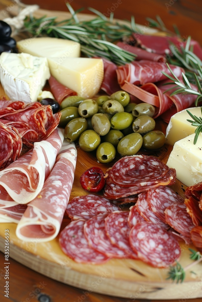 A gourmet charcuterie board with various meats, cheeses, and olives, with ample copy space around A gourmet charcuterie board with various meats, cheeses, and olives, with ample copy space around