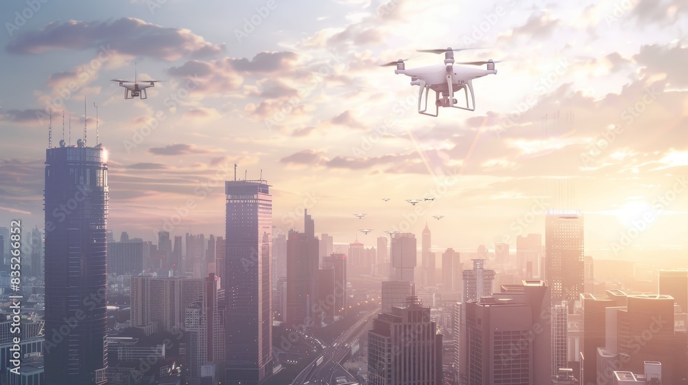 A futuristic city skyline with AI-driven drones flying, set against a bright sky with copy space on the left A futuristic city skyline with AI-driven drones flying, set against a bright sky with copy space on the left