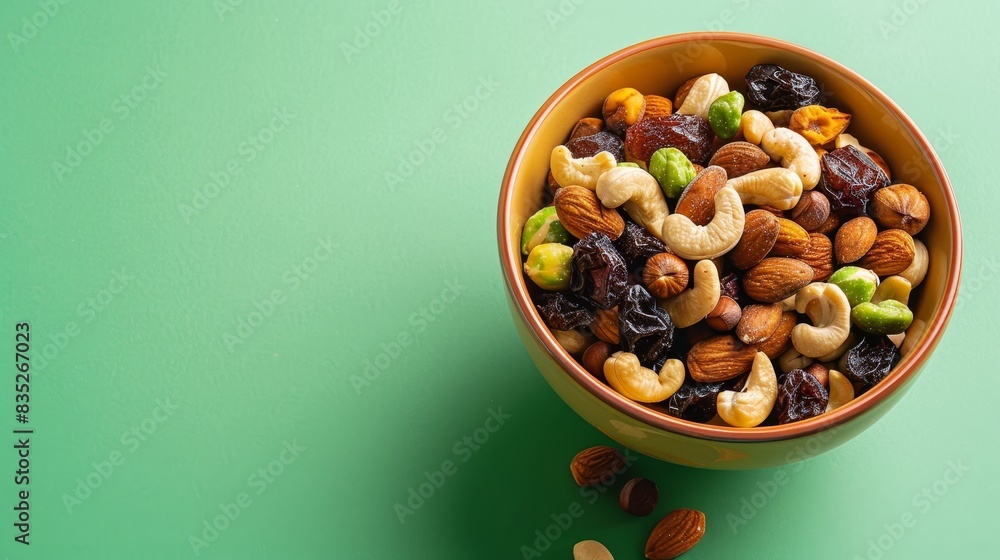 A bowl of mixed nuts and dried fruits, set against a vibrant background with copy space on the left A bowl of mixed nuts and dried fruits, set against a vibrant background with copy space on the left