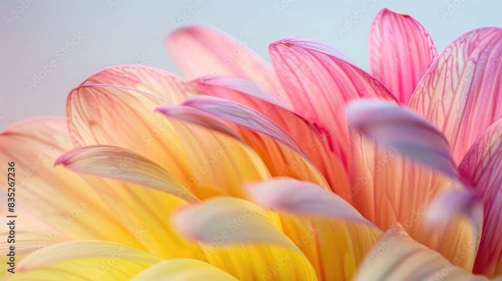 A close-up shot of a yellow and pink gradient daisy, with the petals creating a beautiful color blend against a white backdrop A close-up shot of a yellow and pink gradient daisy, with the petals creating a beautiful color blend against a white backdrop