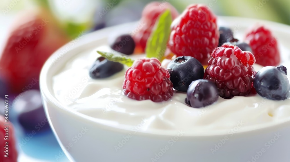 A bowl of creamy yogurt with fresh berries and honey, set against a bright background with copy space on the left A bowl of creamy yogurt with fresh berries and honey, set against a bright background with copy space on the left