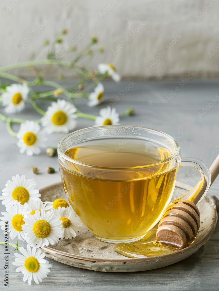 A cup of chamomile tea with a honey dipper and chamomile flowers, with copy space on the top and bottom A cup of chamomile tea with a honey dipper and chamomile flowers, with copy space on the top and bottom