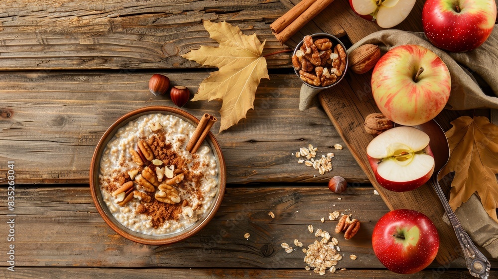 A bowl of hot oatmeal with cinnamon, apples, and nuts, set against a rustic background with copy space on the left A bowl of hot oatmeal with cinnamon, apples, and nuts, set against a rustic background with copy space on the left