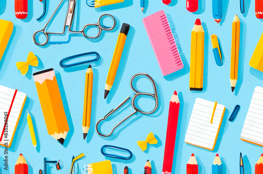Playful Seamless Pattern with Colorful Stationery Illustrations on Light Blue Background Playful Seamless Pattern with Colorful Stationery Illustrations on Light Blue Background