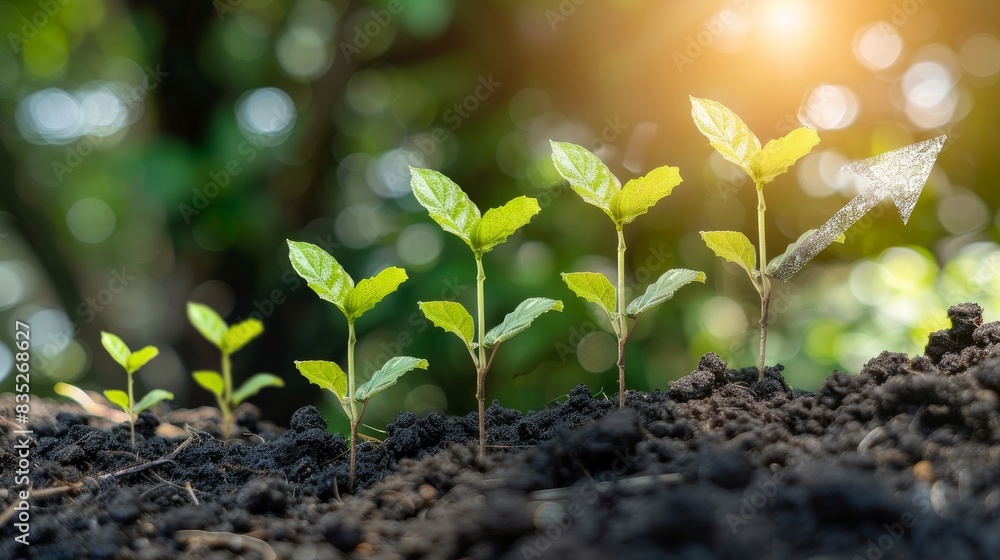 Seedlings sprout from fertile soil, forming a business growth arrow, emblematic of development, profit, and success. Seedlings sprout from fertile soil, forming a business growth arrow, emblematic of development, profit, and success.