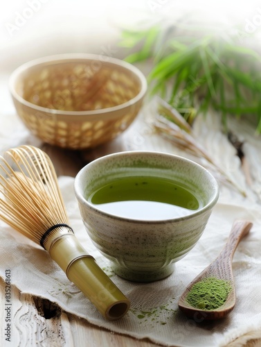 A cup of matcha green tea with a bamboo whisk and tea bowl, with copy space on the top and bottom