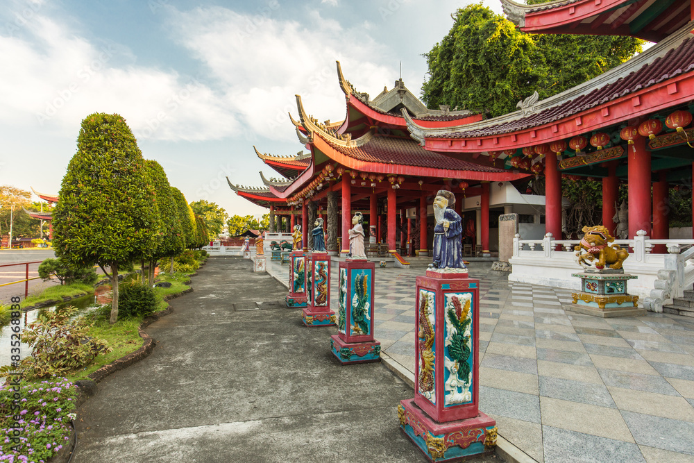 Cheng ho temple at semarang ; semarang tourism ; Vibrant Pathways and Historical Echoes: The Timeless Grandeur of an Asian Temple Under a Sunny Sky Cheng ho temple at semarang ; semarang tourism ; Vibrant Pathways and Historical Echoes: The Timeless Grandeur of an Asian Temple Under a Sunny Sky