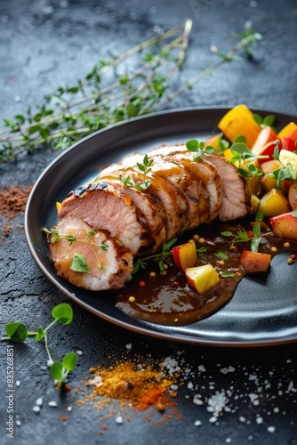 A gourmet pork tenderloin dish with apple sauce and vegetables, displayed on a dark plate with ample copy space around