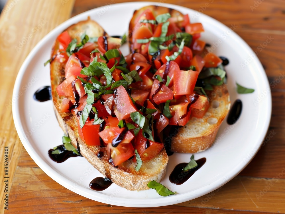 A plate of bruschetta with tomatoes, basil, and balsamic glaze, with copy space above A plate of bruschetta with tomatoes, basil, and balsamic glaze, with copy space above