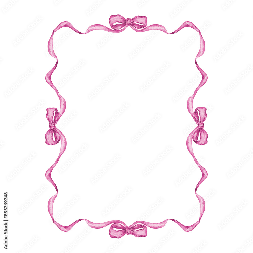 Pink frame of watercolor ribbon and bow Pink frame of watercolor ribbon and bow
