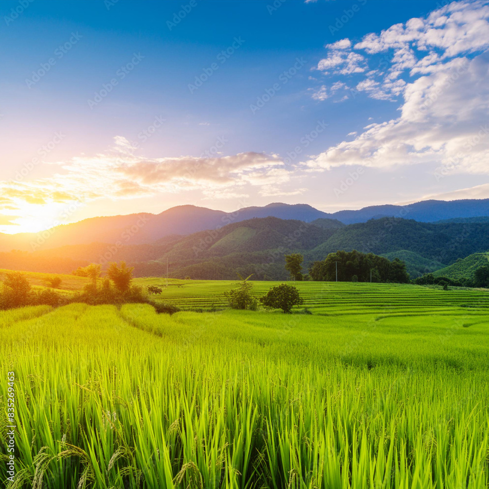 Obraz premium Rice field and blue sky