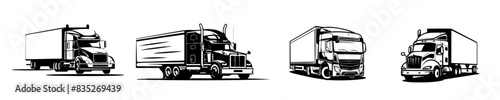 Truck Line Art Collection, Minimalist Semi Truck Clipart, Highway Hauler Vector Set
