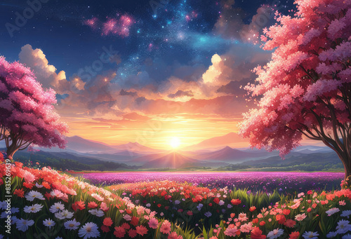 Generative AI, Beautiful Niji Anime cinematic scenery of a beautiful flower field with a beautiful sky, beautiful meteor shower, cool niji anime landscape, stunning blooming Niji Anime flower scenery photo