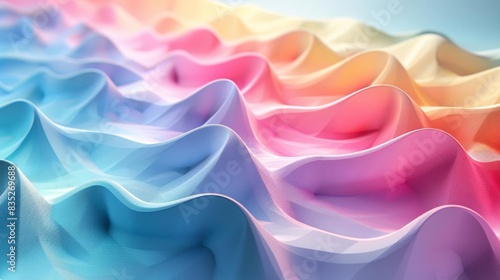 Wallpaper Mural Soft pastel blue background showcasing a 3D render of abstract geometric waves in a rainbow spectrum, creating a serene and vibrant visual Torontodigital.ca