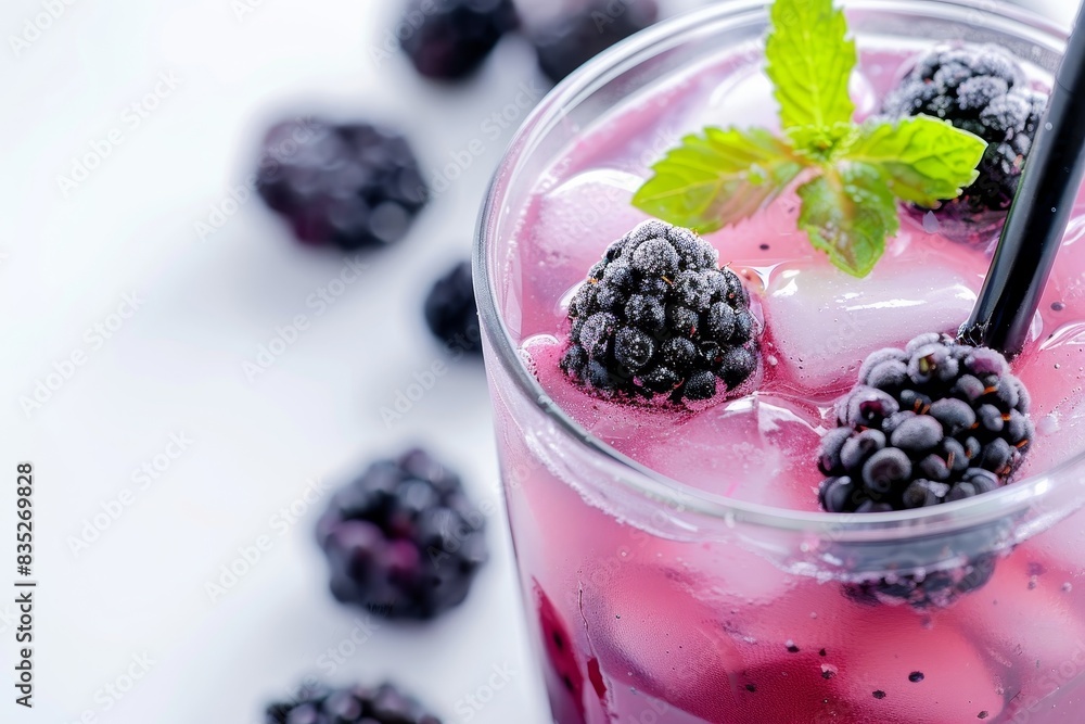 A glass of blackberry lemonade with fresh blackberries and a straw, providing copy space on the right A glass of blackberry lemonade with fresh blackberries and a straw, providing copy space on the right