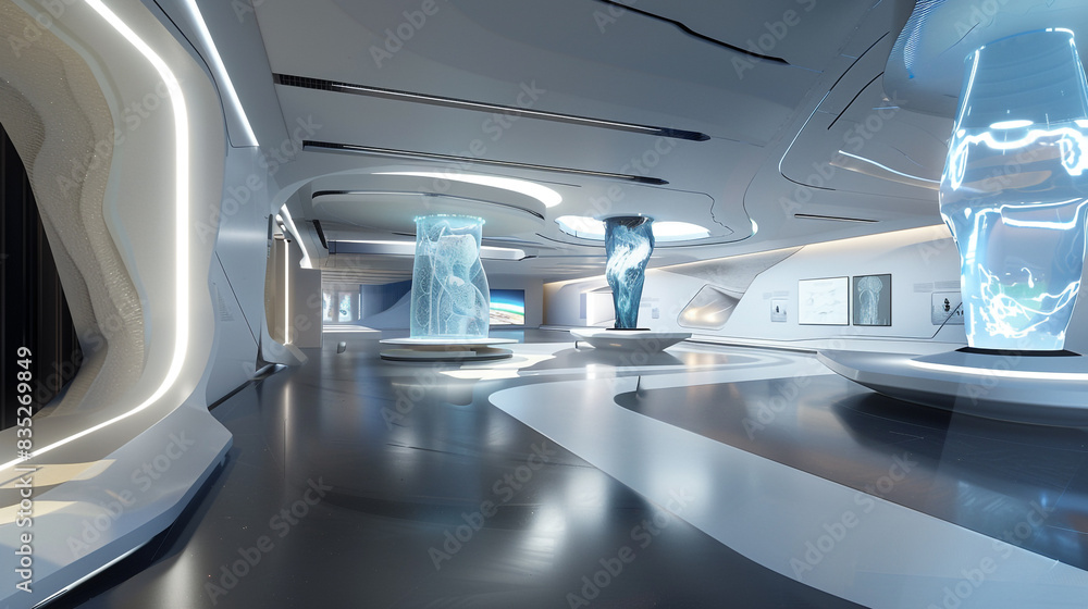 A futuristic gallery showcasing holographic art pieces that seem to float in mid-air, with sleek, modern architecture. A futuristic gallery showcasing holographic art pieces that seem to float in mid-air, with sleek, modern architecture.