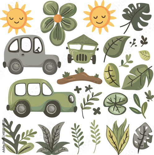 A vector clipart set of cute cartoon jungle themed car elements, suns and leaves photo