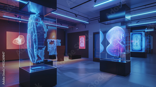 A futuristic gallery showcasing holographic art pieces that seem to float in mid-air, with sleek, modern architecture.