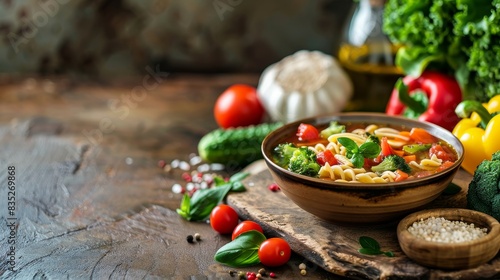 A bowl of minestrone soup with fresh vegetables and pasta  set against a rustic background with copy space on the left