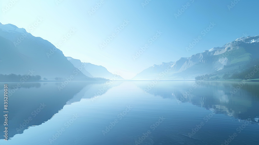 Calm lake with mountains reflecting in the clear blue water under a serene sky. Calm lake with mountains reflecting in the clear blue water under a serene sky.