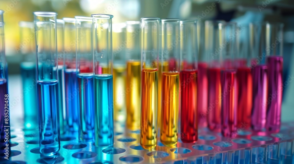 Colorful liquid-filled test tubes in a lab setting. Concept of scientific research, chemical experiments, medical laboratory, innovation Colorful liquid-filled test tubes in a lab setting. Concept of scientific research, chemical experiments, medical laboratory, innovation