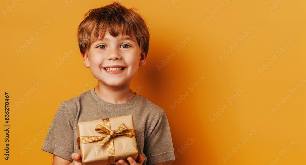 Happy young boy holding a gift with a yellow bow in front of an orange background. Smiling child presenting a present. Concept of celebration, happiness, childhood joy, generosity. Copy space Happy young boy holding a gift with a yellow bow in front of an orange background. Smiling child presenting a present. Concept of celebration, happiness, childhood joy, generosity. Copy space