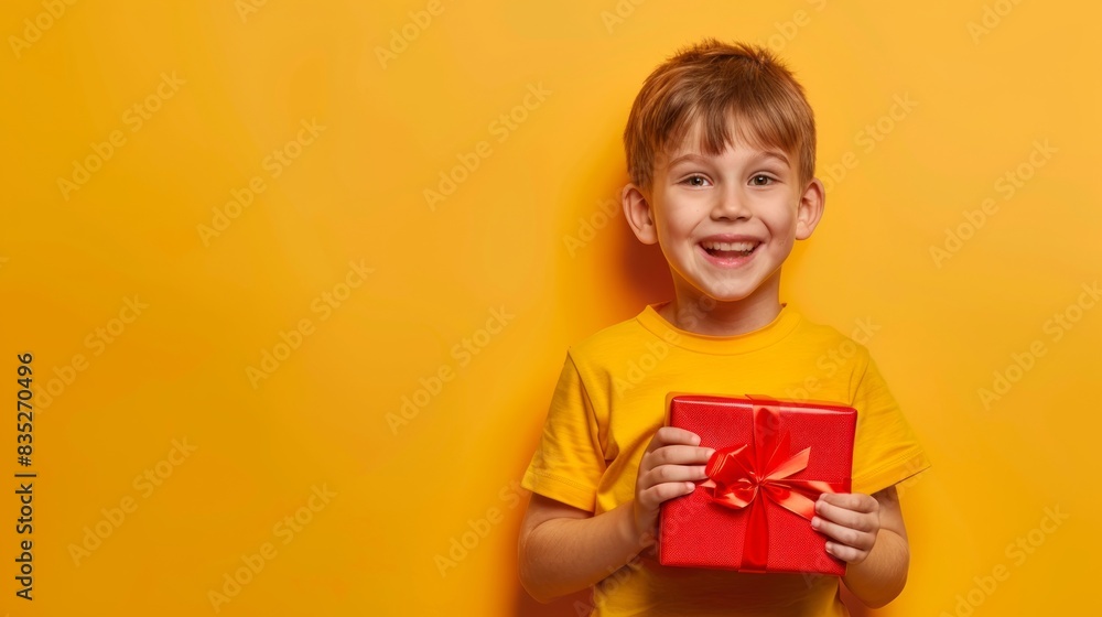 Happy young boy holding a gift with a yellow bow in front of an orange background. Smiling child presenting a present. Concept of celebration, happiness, childhood joy, generosity. Copy space Happy young boy holding a gift with a yellow bow in front of an orange background. Smiling child presenting a present. Concept of celebration, happiness, childhood joy, generosity. Copy space