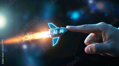 Hand launching AI rocket symbolizing artificial intelligence innovation and futuristic technology in a digital concept. photo