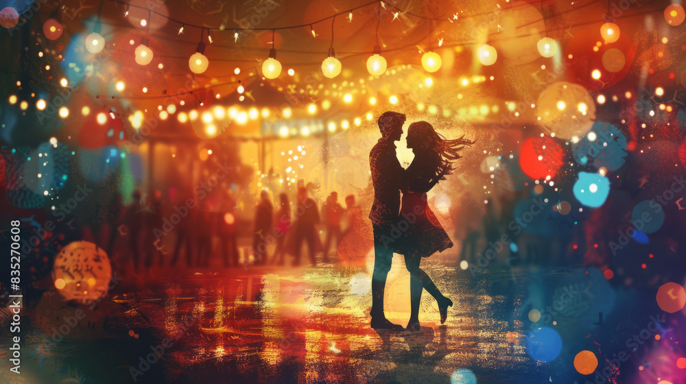 Couple dancing under festive lights. A romantic moment captured with vibrant colors and sparkling lights in the background. Couple dancing under festive lights. A romantic moment captured with vibrant colors and sparkling lights in the background.