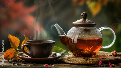 Teapot and Cup of tea table top, atmospheric photo. Dried and fresh organic Ceylon tea leaves on a beautiful background.