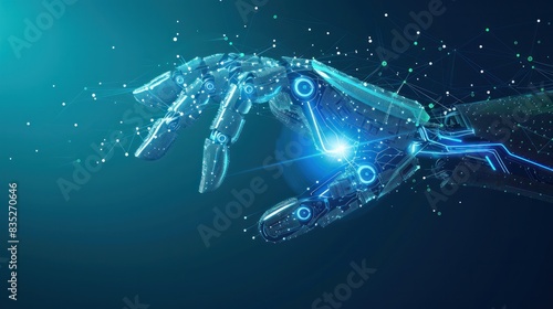 Vector art showcases a robot hand forming a holographic lock from binary code against a blue backdrop, embodying themes of virtual reality, security, and technological advancement.