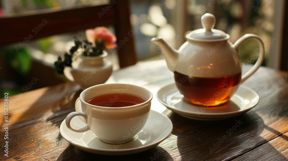 Elegant white Teapot and Cup of tea on a wooden table, creative background. Brewing and serving tea at tea time. Elegant white Teapot and Cup of tea on a wooden table, creative background. Brewing and serving tea at tea time.