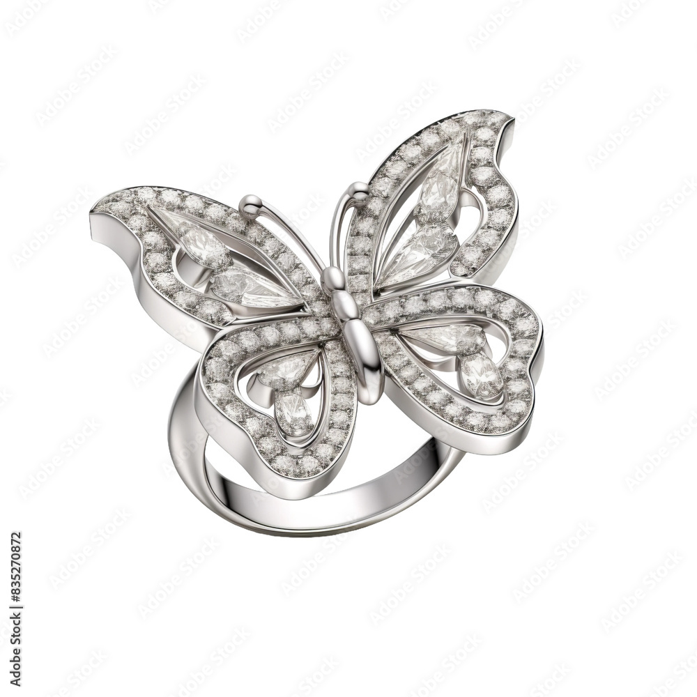 butterly shaped silver diamond ring isolated on white butterly shaped silver diamond ring isolated on white