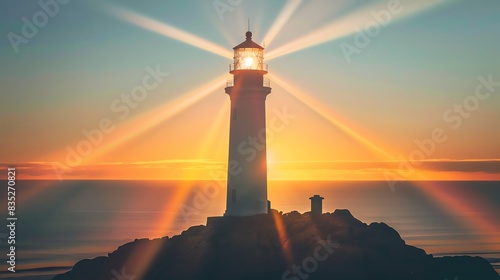 Sunset lighthouse casting light rays over the ocean with a vibrant sunlit sky. Peaceful coastal scenery, perfect for travel and nature themes.