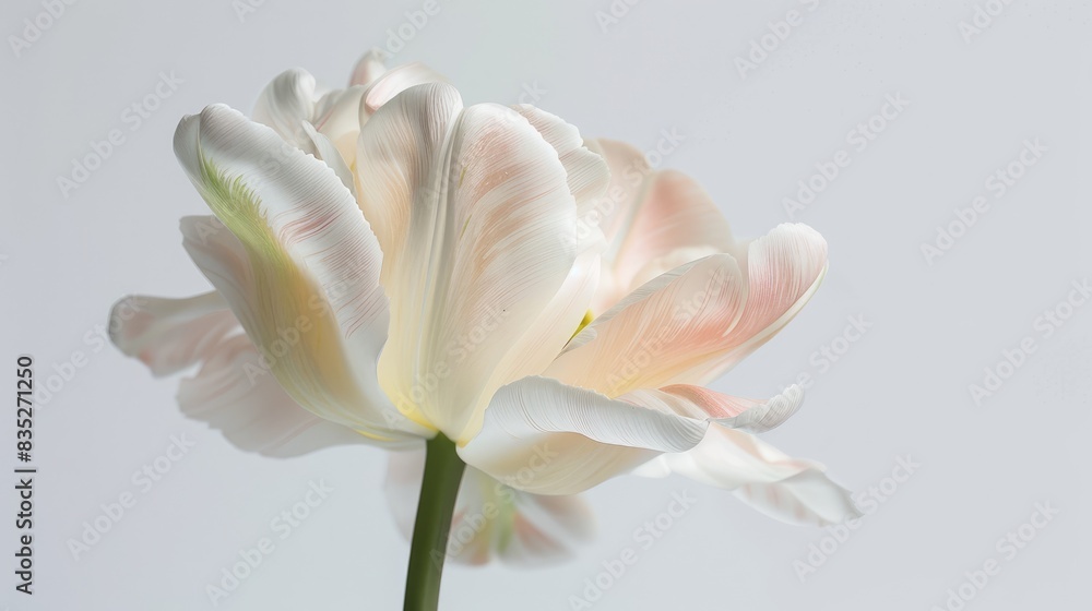A delicate tulip with a mix of white and pale pink petals, softly highlighted against a white background A delicate tulip with a mix of white and pale pink petals, softly highlighted against a white background