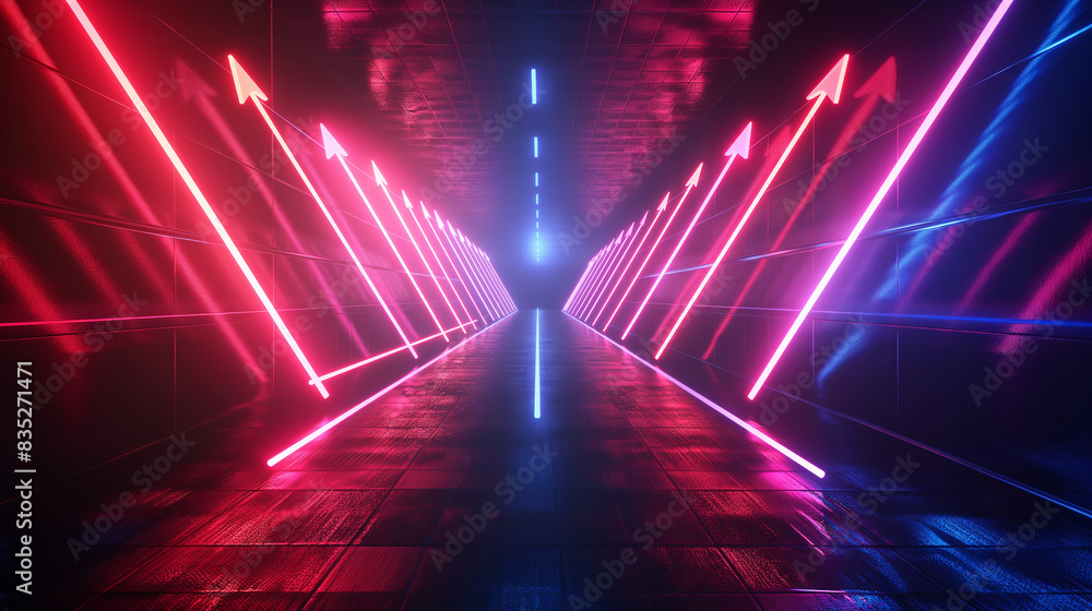 Technological Neon Light Tunnel, Futuristic tunnel illuminated by vibrant neon lights converging towards a central vanishing point Technological Neon Light Tunnel, Futuristic tunnel illuminated by vibrant neon lights converging towards a central vanishing point