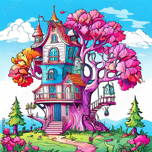  kids coloring book page with fantasy house home building in tree white and blue sky baground generate ai © Nadia