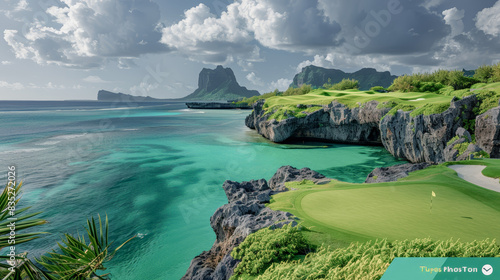 Unusually Spectacular Cliffside Golf Course Unique Landscape with Stunning Ocean Views and Dramatic Rock Formations in the Background Wallpaper Digital Art Poster Brainstorming Map Magazine Background