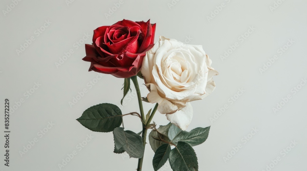 A romantic image of two intertwined roses, one red and one white, against a plain white backdrop A romantic image of two intertwined roses, one red and one white, against a plain white backdrop